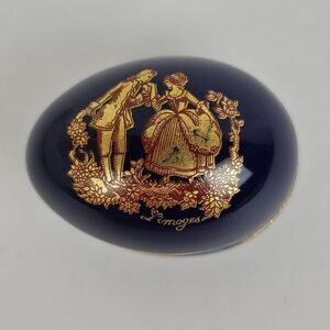 Limoges Castel France Cobalt Blue Gold Porcelain Egg Trinket Jewelry Box Vintage